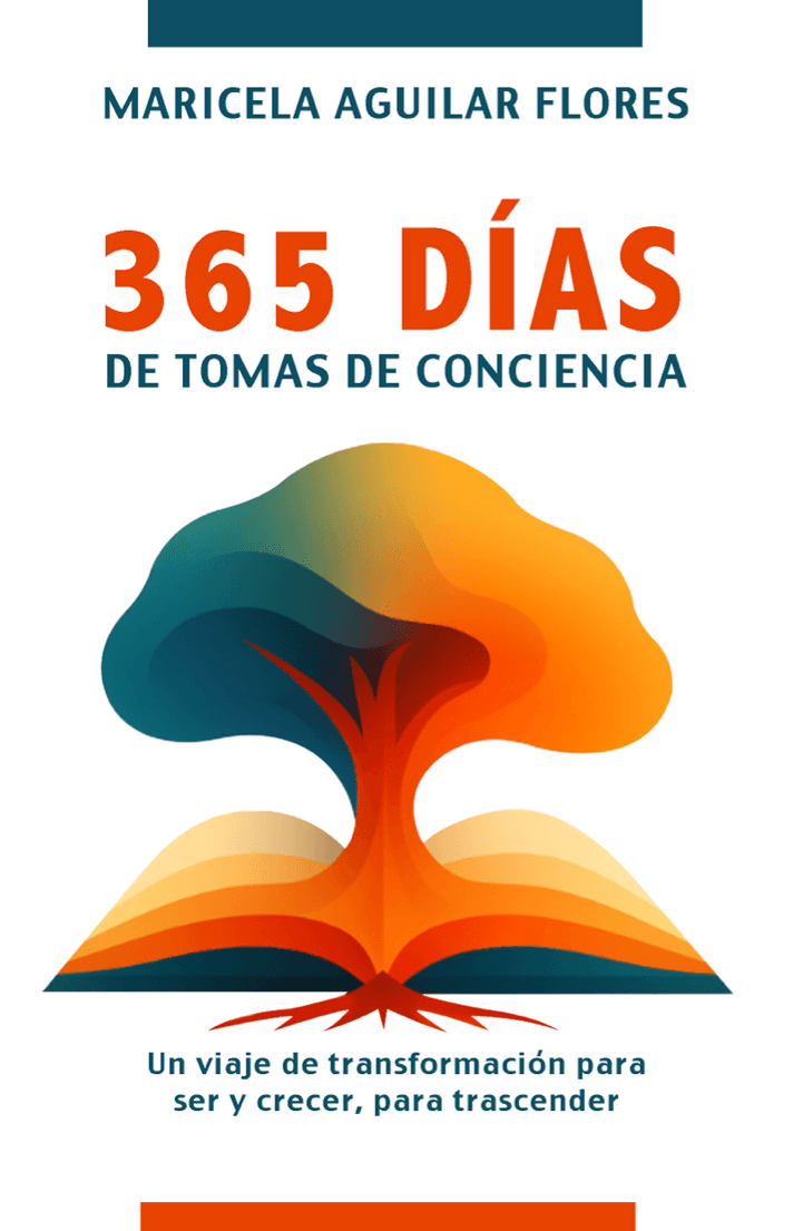 Portada de la edición impresa de 365 días de tomas de conciencia: un árbol en coral y azul brota de un libro abierto